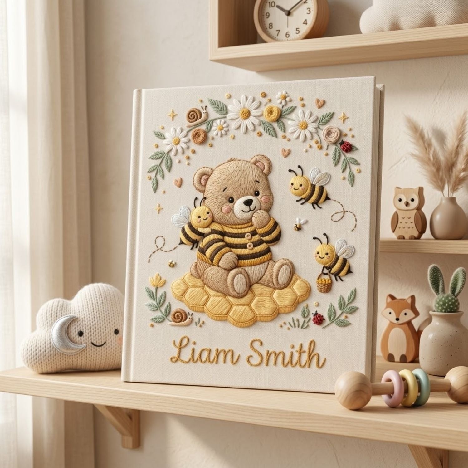 Personalized Teddy Bear Embroidered Baby Photo Album, Bee Nursery Theme Honey Bear Keepsake, Custom Name Baby Girl Memory Book Gift