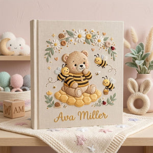 Personalized Teddy Bear Embroidered Baby Photo Album, Bee Nursery Theme Honey Bear Keepsake, Custom Name Baby Girl Memory Book Gift