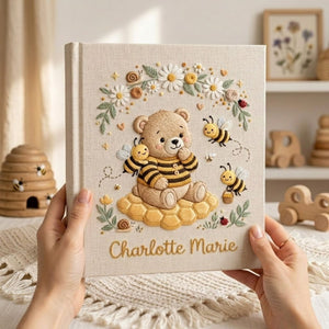 Personalized Teddy Bear Embroidered Baby Photo Album, Bee Nursery Theme Honey Bear Keepsake, Custom Name Baby Girl Memory Book Gift