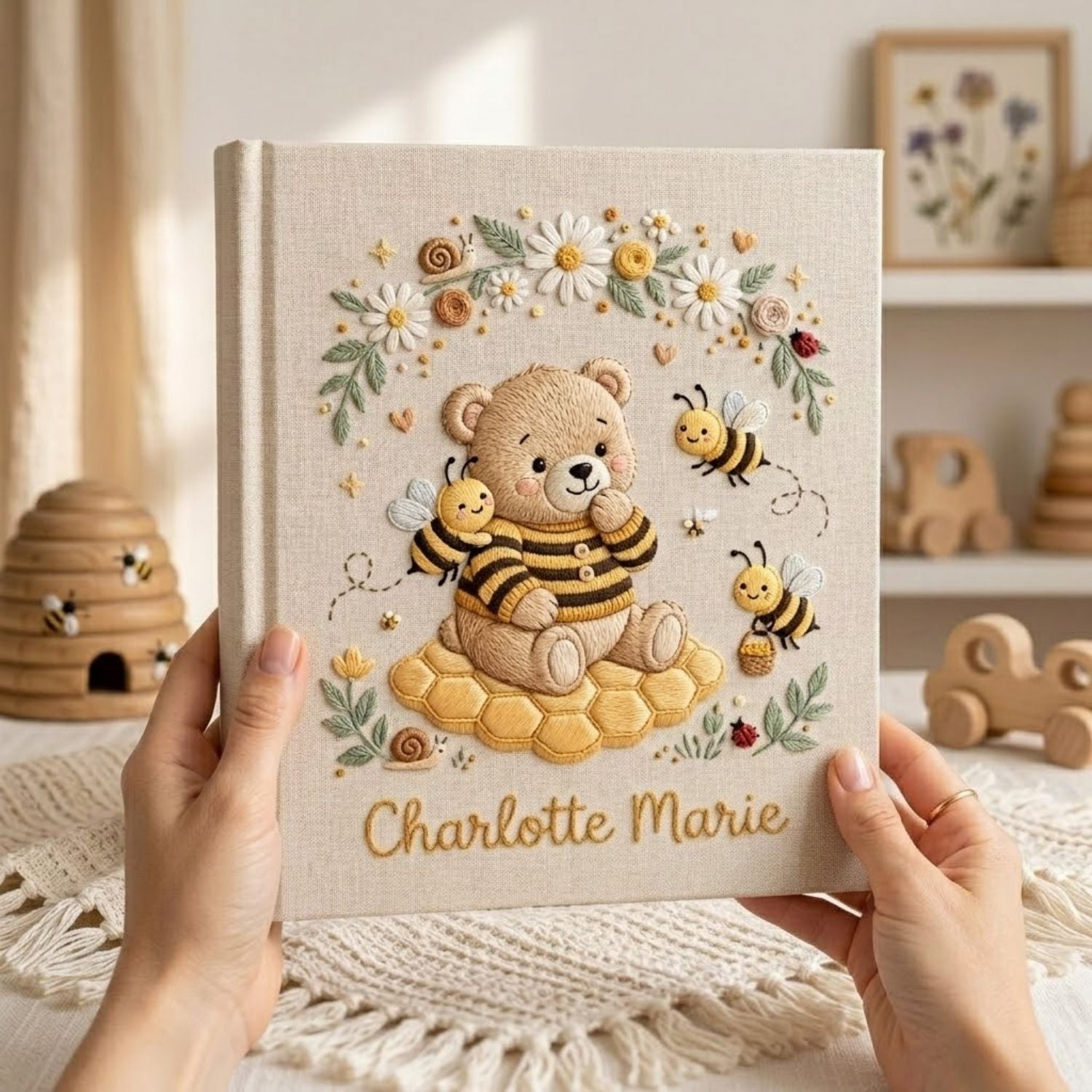 Personalized Teddy Bear Embroidered Baby Photo Album, Bee Nursery Theme Honey Bear Keepsake, Custom Name Baby Girl Memory Book Gift