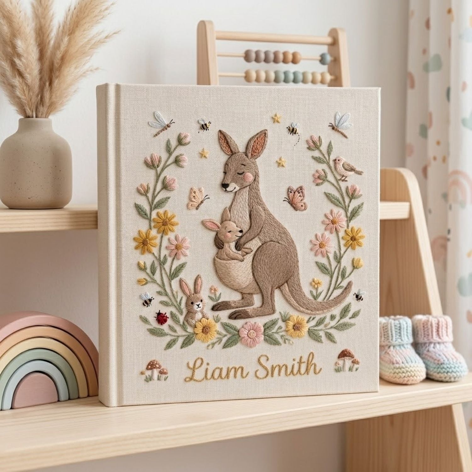 Personalized Kangaroo Embroidered Baby Photo Album, Mama Baby Animal Keepsake, Floral Nursery Custom Name Memory Book Gift