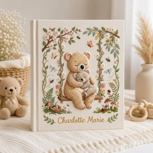 Personalized Teddy Bear Embroidered Baby Photo Album, Bear Swing Floral Nursery Keepsake, Custom Name Baby Memory Book Gift