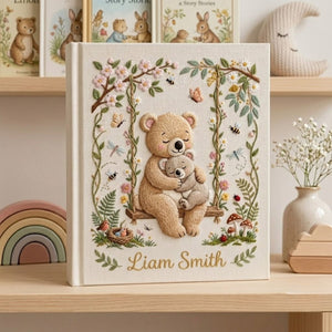 Personalized Teddy Bear Embroidered Baby Photo Album, Bear Swing Floral Nursery Keepsake, Custom Name Baby Memory Book Gift