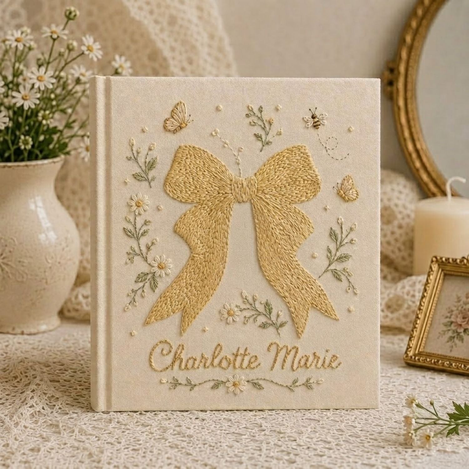 Personalized Bow Embroidered Baby Photo Album, Coquette Baby Girl Keepsake, Minimal Floral Custom Name Nursery Memory Book Gift