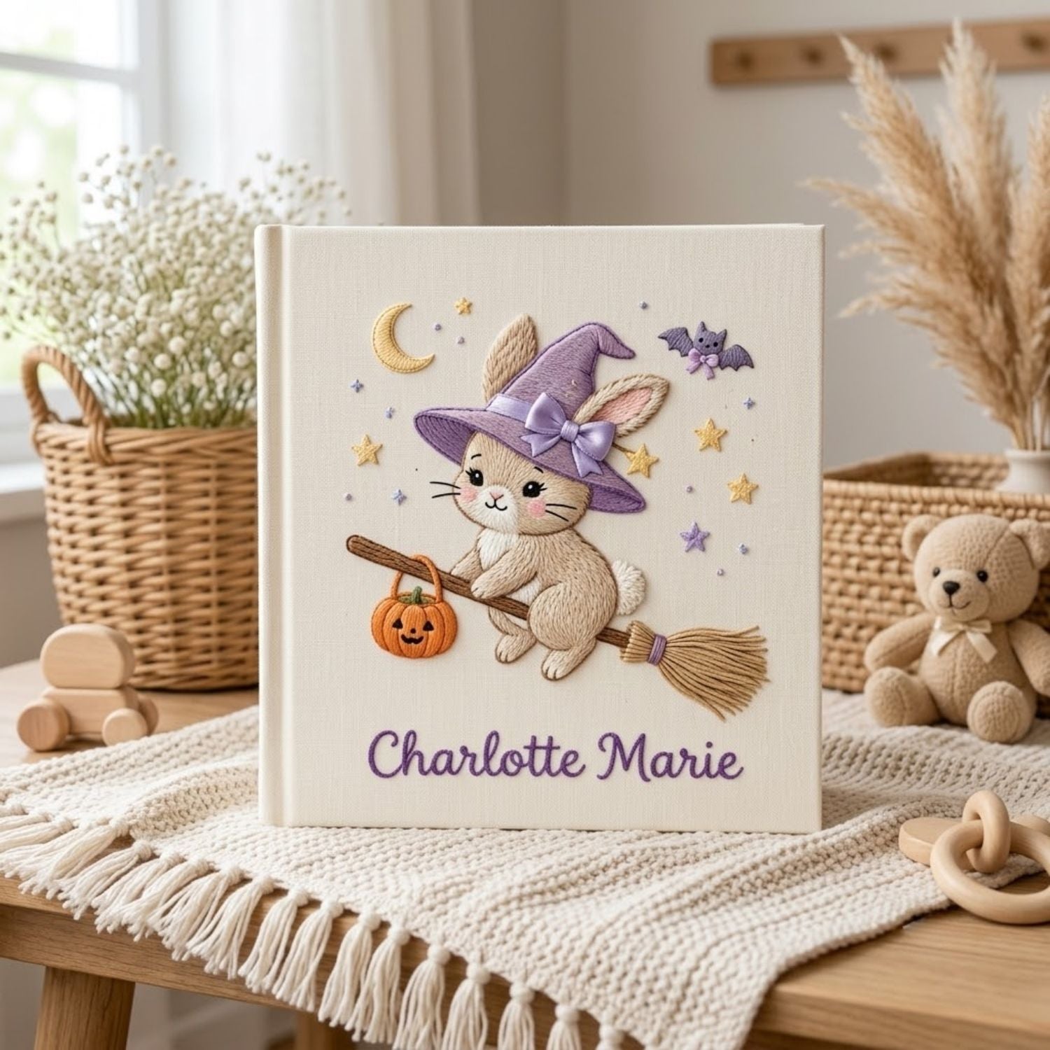 Hand Embroidered Baby Photo Album, Witch Bunny Halloween Album, Personalized Baby Name Album, Custom Newborn Memory Book Gift