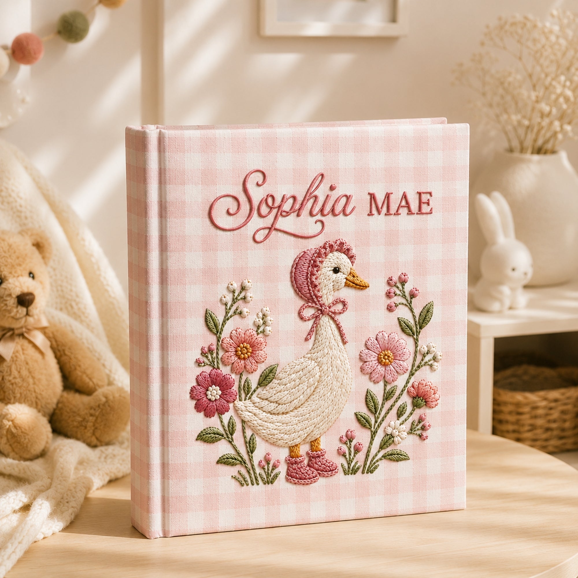 Personalized Embroidered Goose Baby Photo Album, Embroidered Wildflower Goose Baby Book, Custom Name Gingham Album Keepsake,Baby Shower Gift