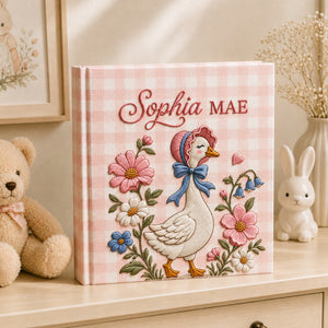 Personalized Embroidered Floral Goose Baby Photo Album, Embroidered Wildflower Goose Baby Book, Custom Name Gingham Album Keepsake,Baby Shower Gift