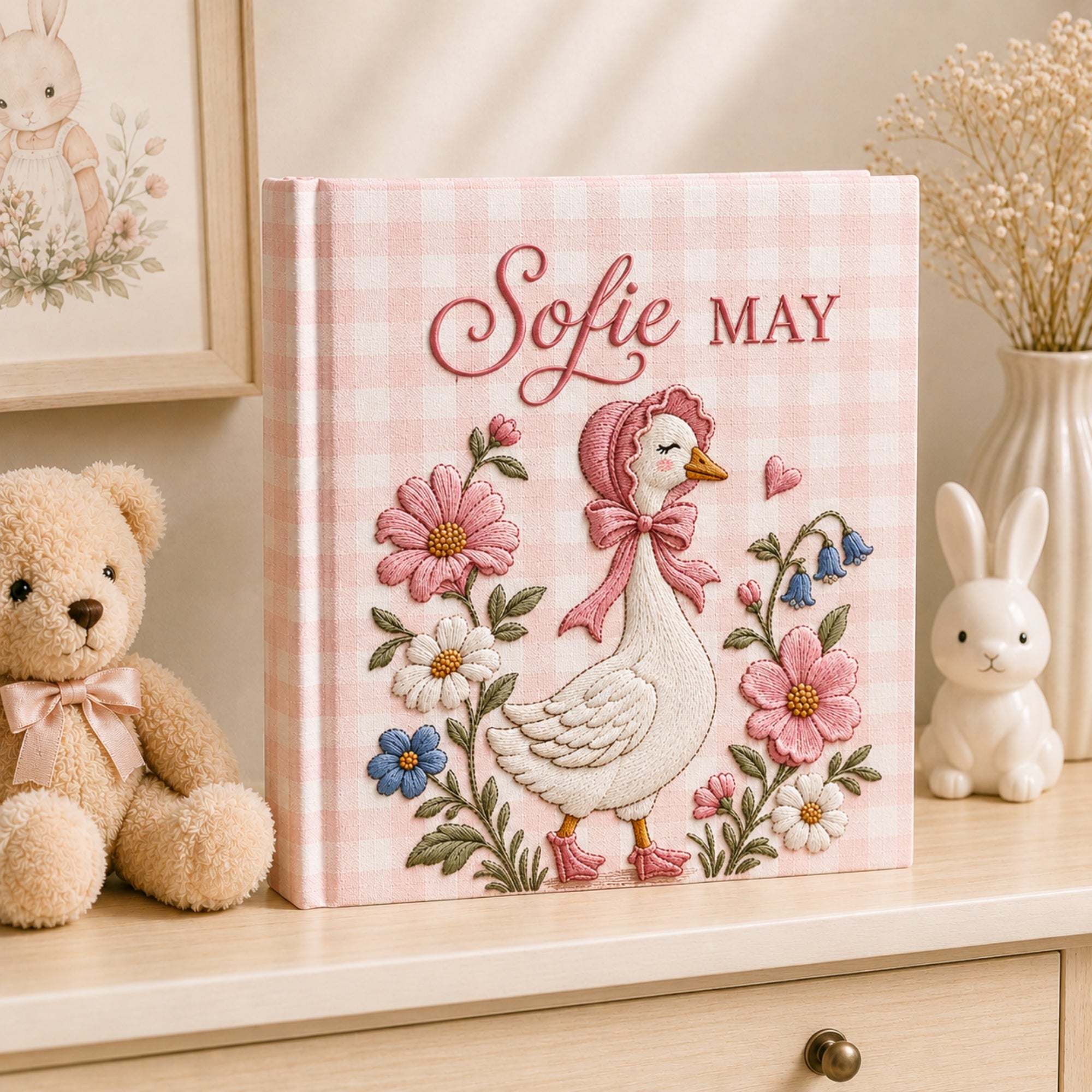 Personalized Embroidered Floral Goose Baby Photo Album, Embroidered Wildflower Goose Baby Book, Custom Name Gingham Album Keepsake,Baby Shower Gift