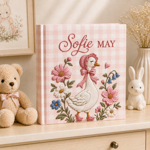 Personalized Embroidered Floral Goose Baby Photo Album, Embroidered Wildflower Goose Baby Book, Custom Name Gingham Album Keepsake,Baby Shower Gift