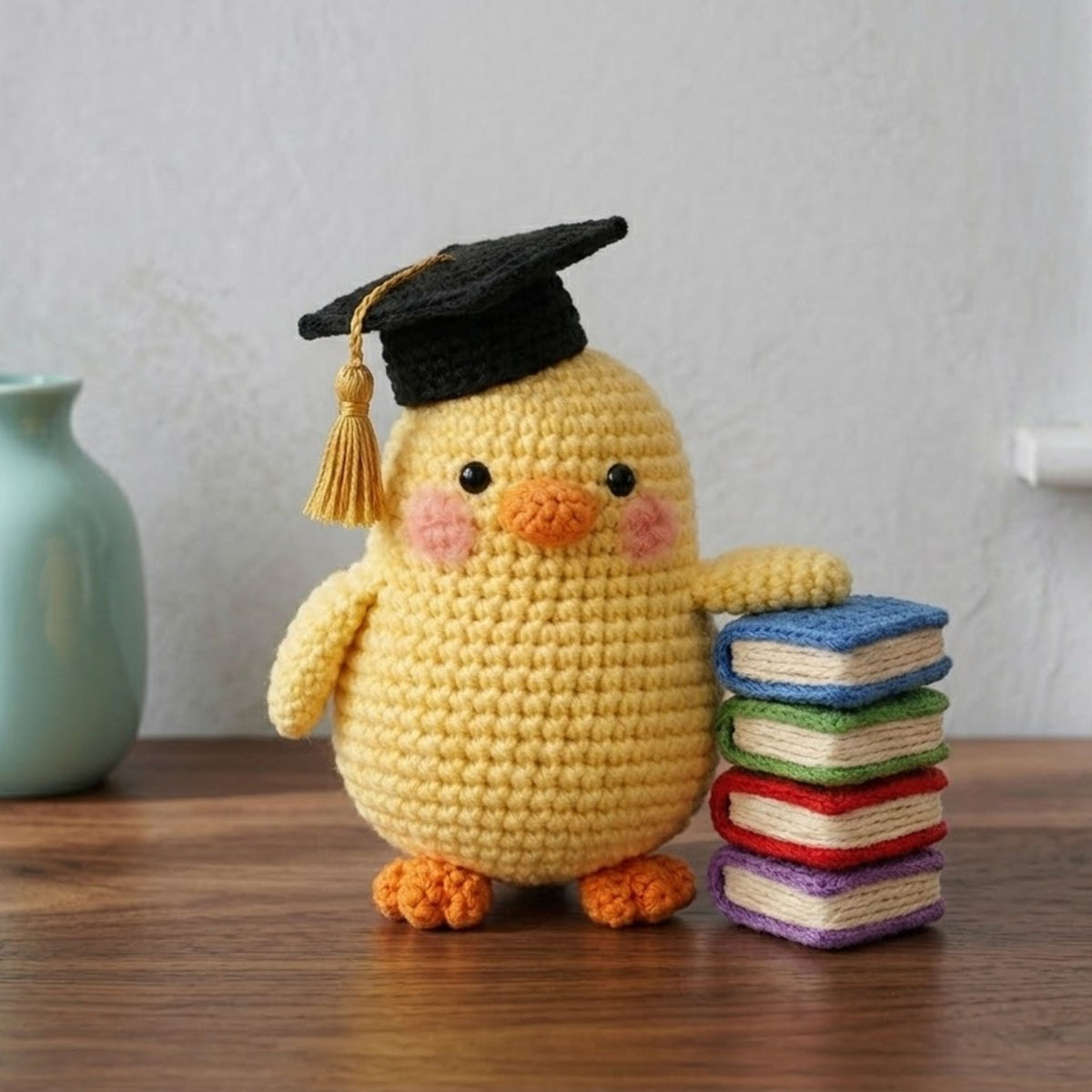 Crochet Graduation Chick Plush, Handmade Amigurumi Chick With Cap & Books, Cute School Nursery Toy, 4-12 Inch Student Gift Decor Kawaii Doll