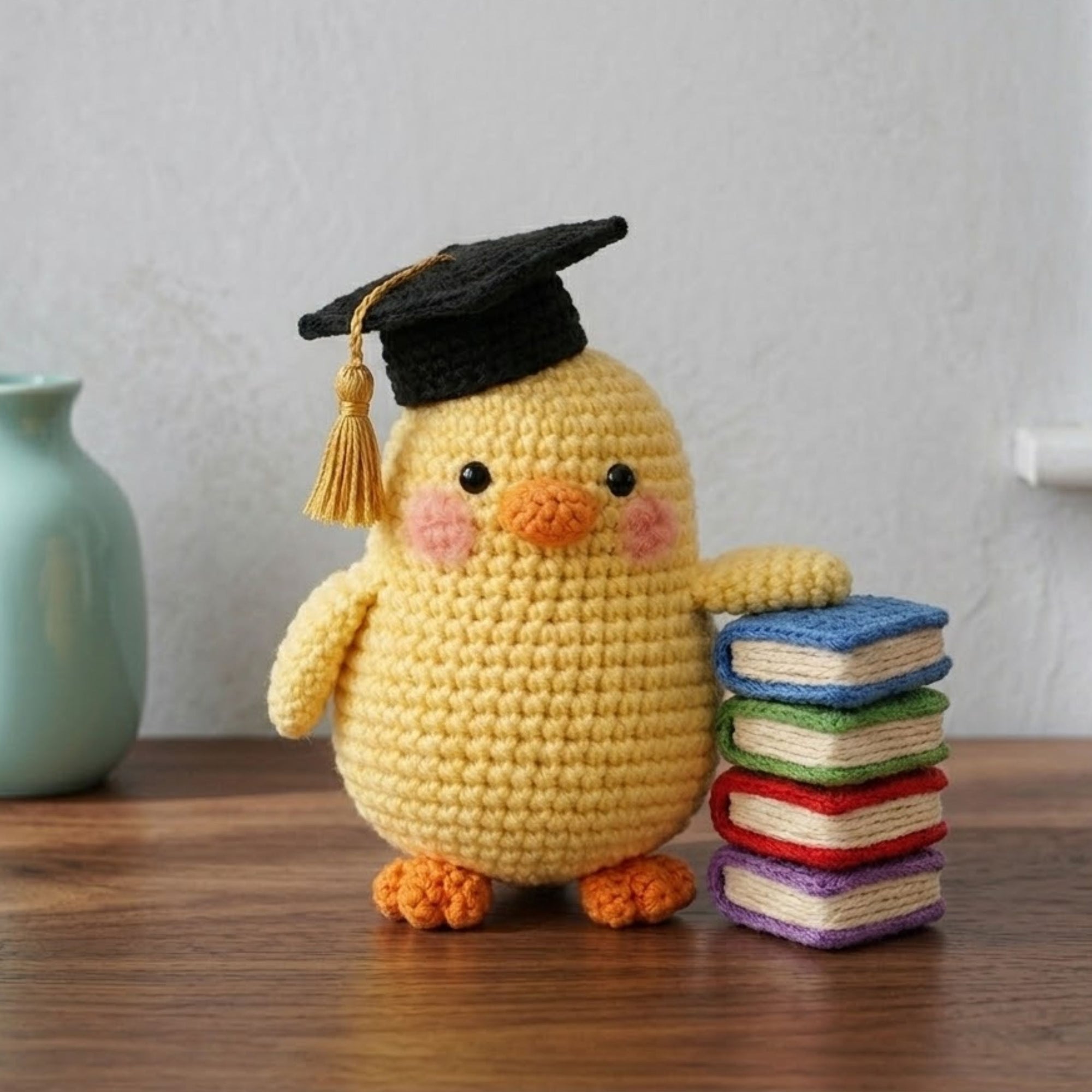 Crochet Graduation Chick Plush, Handmade Amigurumi Chick With Cap & Books, Cute School Nursery Toy, 4-12 Inch Student Gift Decor Kawaii Doll