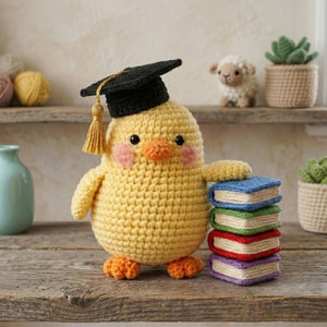 Crochet Graduation Chick Plush, Handmade Amigurumi Chick With Cap & Books, Cute School Nursery Toy, 4-12 Inch Student Gift Decor Kawaii Doll