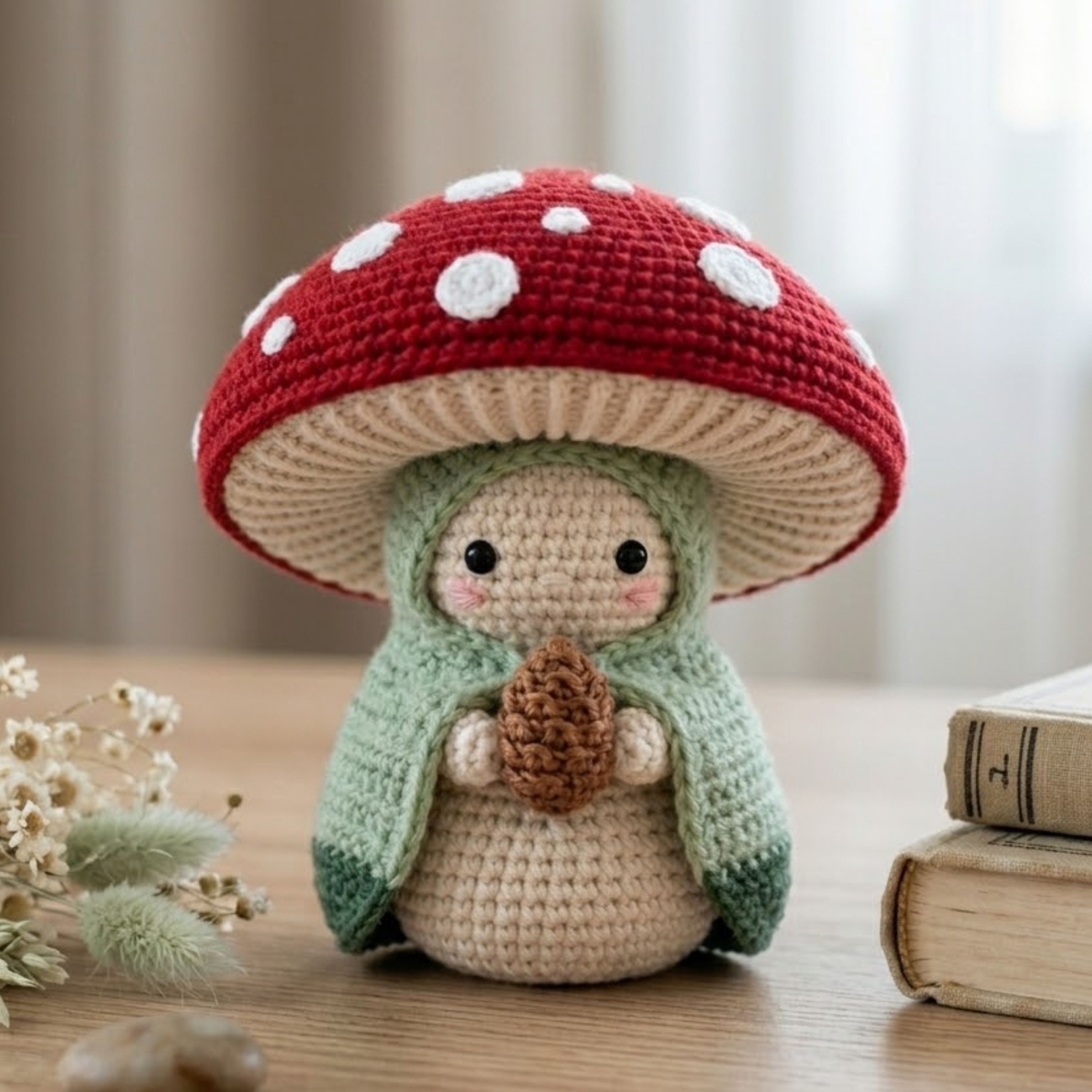 Crochet Mushroom Gnome Plush, Handmade Amigurumi Toadstool Doll With Red Cap, Cute Cottagecore Nursery Toy, 4-12 Inch Woodland Decor Toy Set