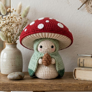 Crochet Mushroom Gnome Plush, Handmade Amigurumi Toadstool Doll With Red Cap, Cute Cottagecore Nursery Toy, 4-12 Inch Woodland Decor Toy Set