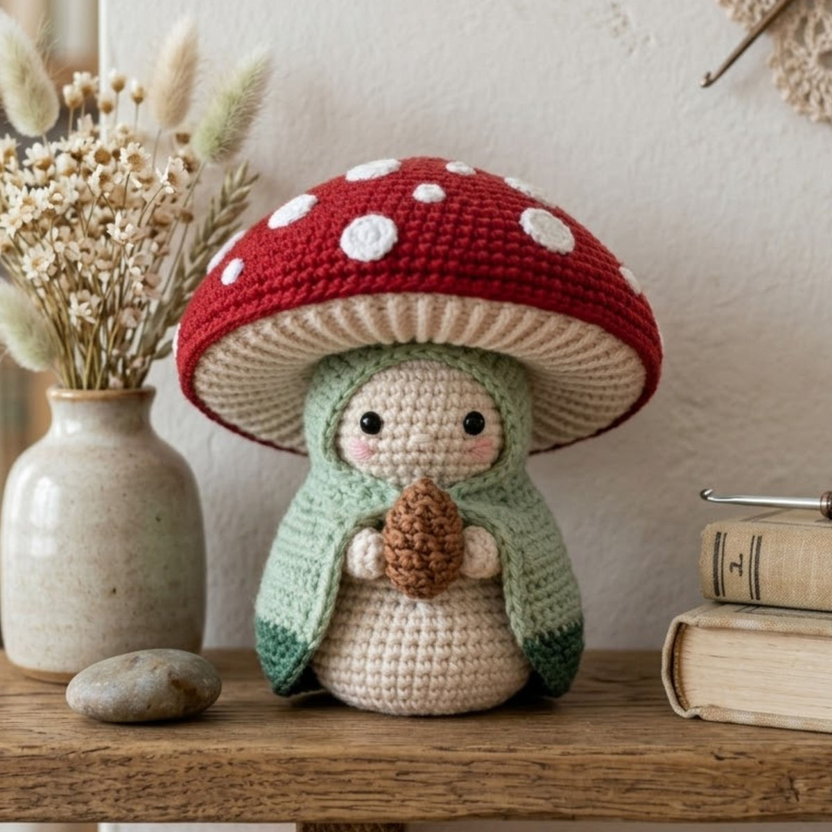 Crochet Mushroom Gnome Plush, Handmade Amigurumi Toadstool Doll With Red Cap, Cute Cottagecore Nursery Toy, 4-12 Inch Woodland Decor Toy Set
