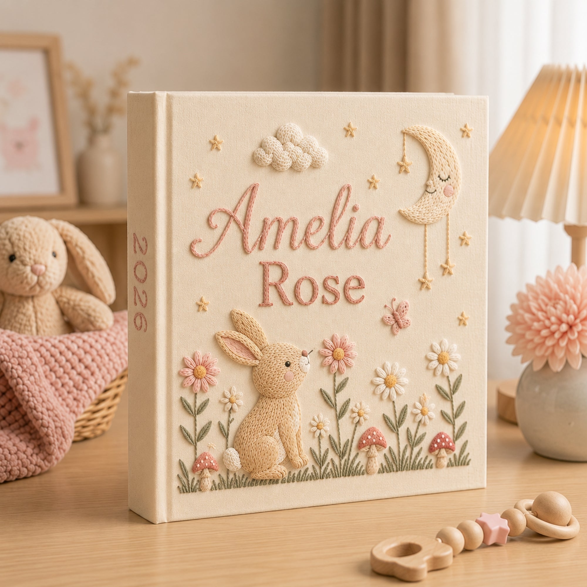 Personalized Embroidered Bunny Baby Photo Album, Floral Moon and Mushroom Memory Baby Book, Unique Photo Album, Baby Girl Shower Gift