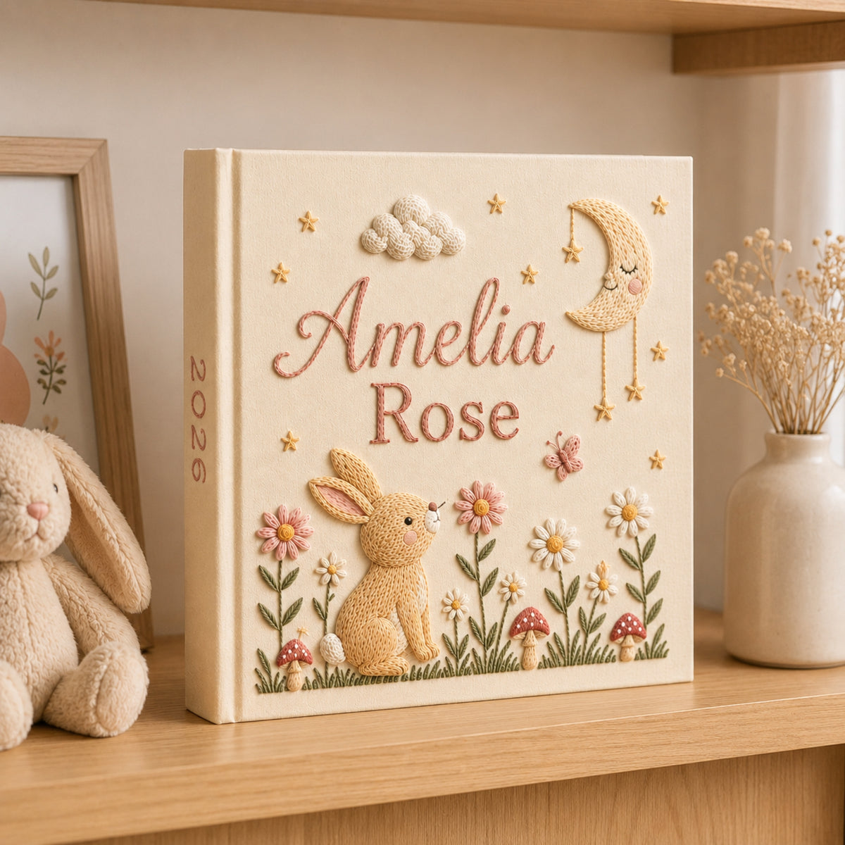 Personalized Embroidered Bunny Baby Photo Album, Floral Moon and Mushroom Memory Baby Book, Unique Photo Album, Baby Girl Shower Gift