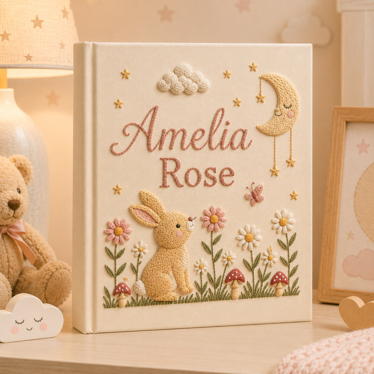 Personalized Embroidered Bunny Baby Photo Album, Floral Moon and Mushroom Memory Baby Book, Unique Photo Album, Baby Girl Shower Gift