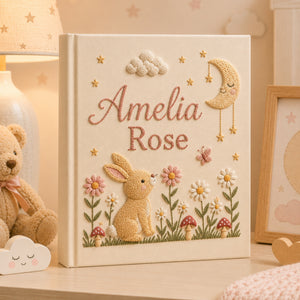 Personalized Embroidered Bunny Baby Photo Album, Floral Moon and Mushroom Memory Baby Book, Unique Photo Album, Baby Girl Shower Gift
