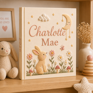 Personalized Embroidered Bunny Baby Photo Album, Floral Moon and Mushroom Memory Baby Book, Unique Photo Album, Baby Girl Shower Gift