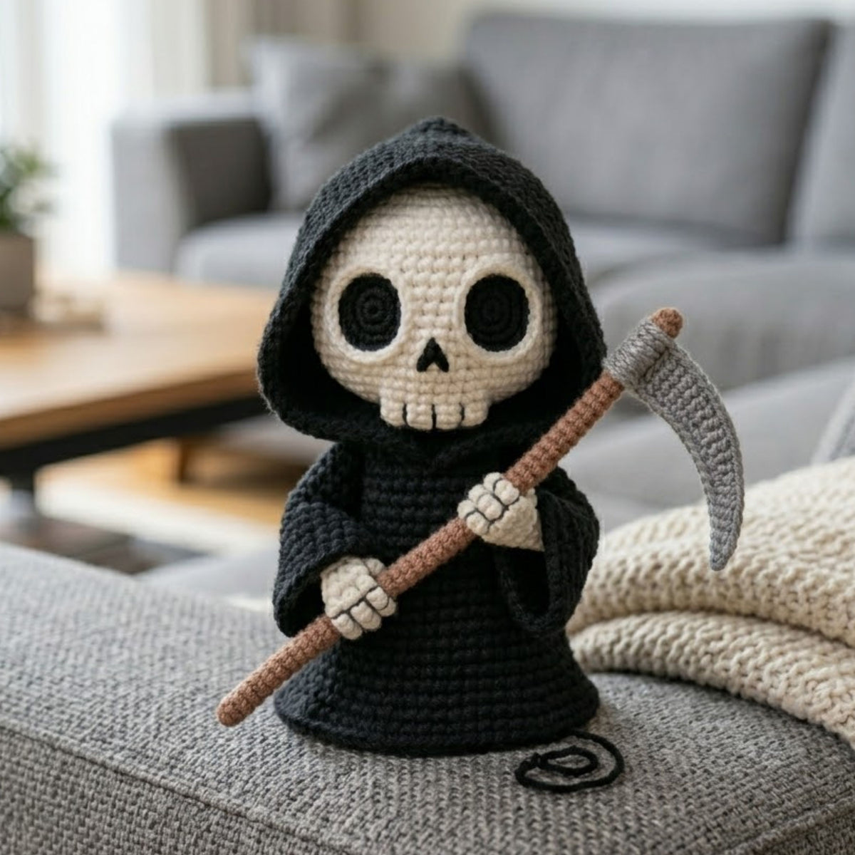 Crochet Grim Reaper Plush, Handmade Amigurumi Skeleton Doll With Scythe, Spooky Cute Nursery Toy, Halloween Gift Decor, 4-12in Doll Toy Sets
