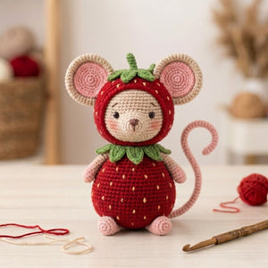 Crochet Strawberry Mouse Plush Handmade Amigurumi Mouse in Berry Costume, Cute Cottagecore Nursery Toy, Kawaii 4-12 Inch Baby Gift Decor Set