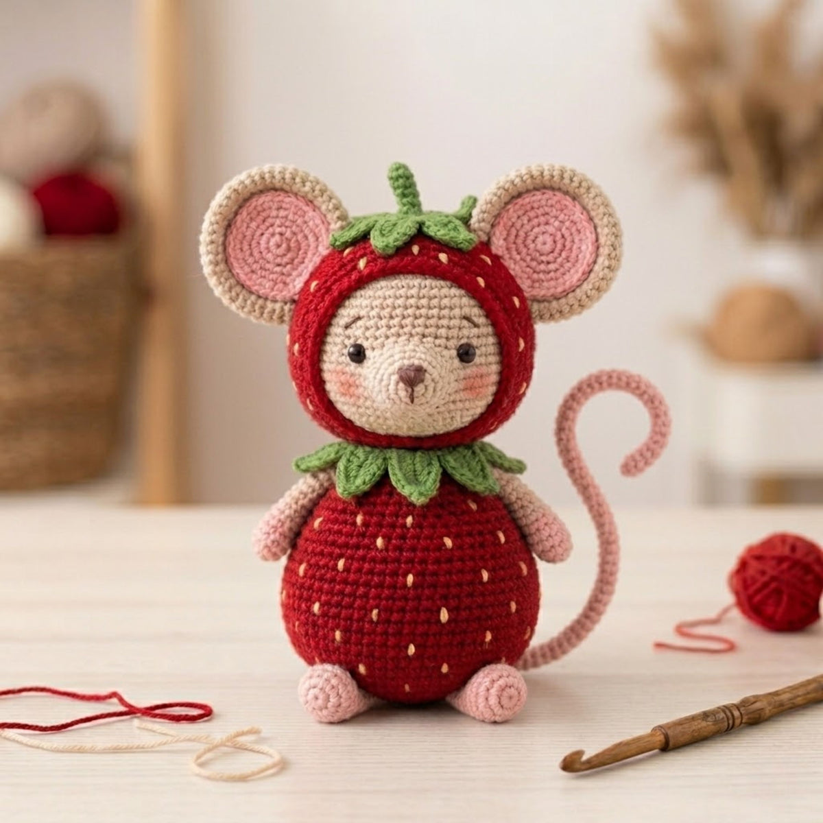 Crochet Strawberry Mouse Plush Handmade Amigurumi Mouse in Berry Costume, Cute Cottagecore Nursery Toy, Kawaii 4-12 Inch Baby Gift Decor Set