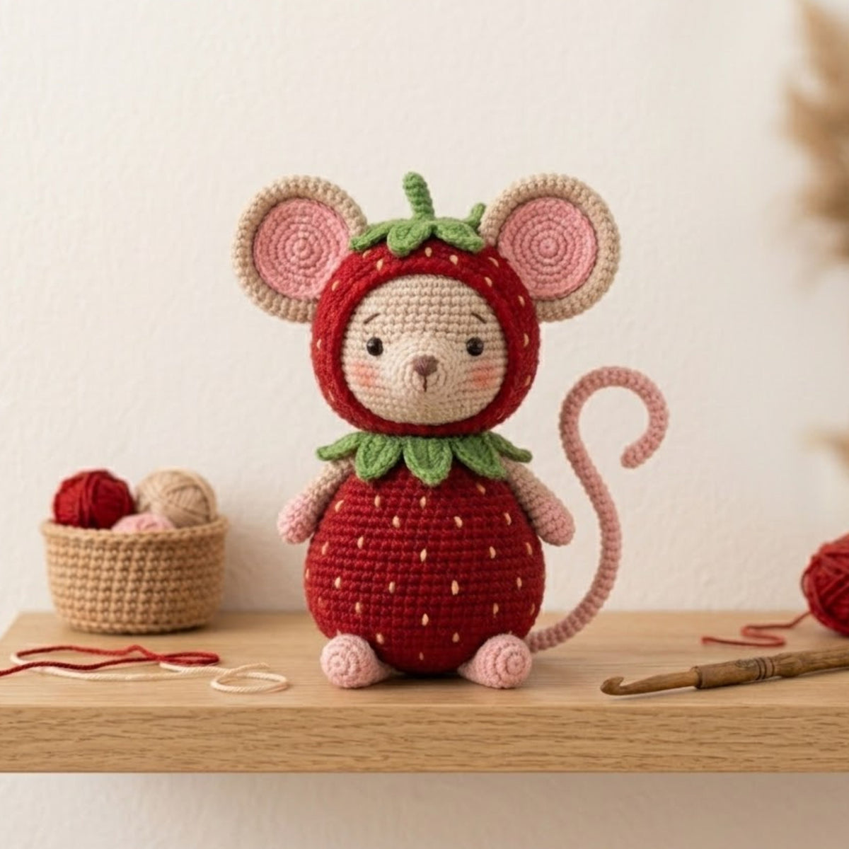Crochet Strawberry Mouse Plush Handmade Amigurumi Mouse in Berry Costume, Cute Cottagecore Nursery Toy, Kawaii 4-12 Inch Baby Gift Decor Set