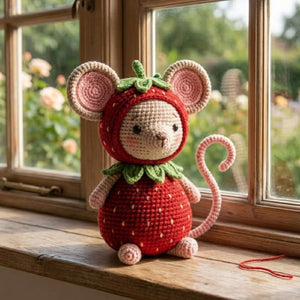 Crochet Strawberry Mouse Plush Handmade Amigurumi Mouse in Berry Costume, Cute Cottagecore Nursery Toy, Kawaii 4-12 Inch Baby Gift Decor Set