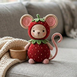 Crochet Strawberry Mouse Plush Handmade Amigurumi Mouse in Berry Costume, Cute Cottagecore Nursery Toy, Kawaii 4-12 Inch Baby Gift Decor Set