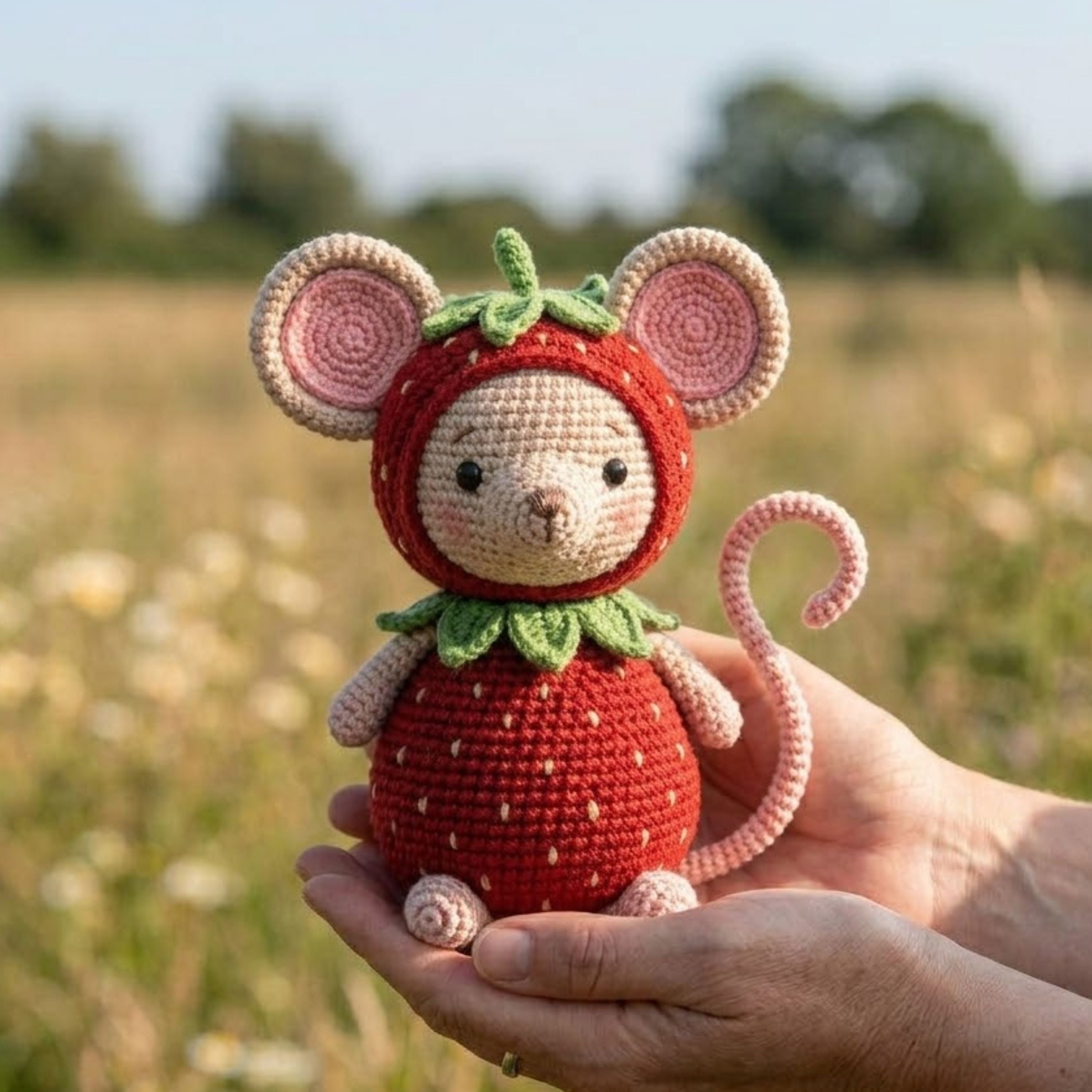 Crochet Strawberry Mouse Plush Handmade Amigurumi Mouse in Berry Costume, Cute Cottagecore Nursery Toy, Kawaii 4-12 Inch Baby Gift Decor Set