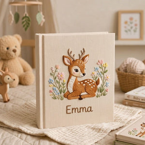 Personalized Baby Photo Album, Hand Embroidered Dinosaur Memory Book, Custom Name Keepsake, Woodland Nursery Gift, Newborn, Baby Shower Gift