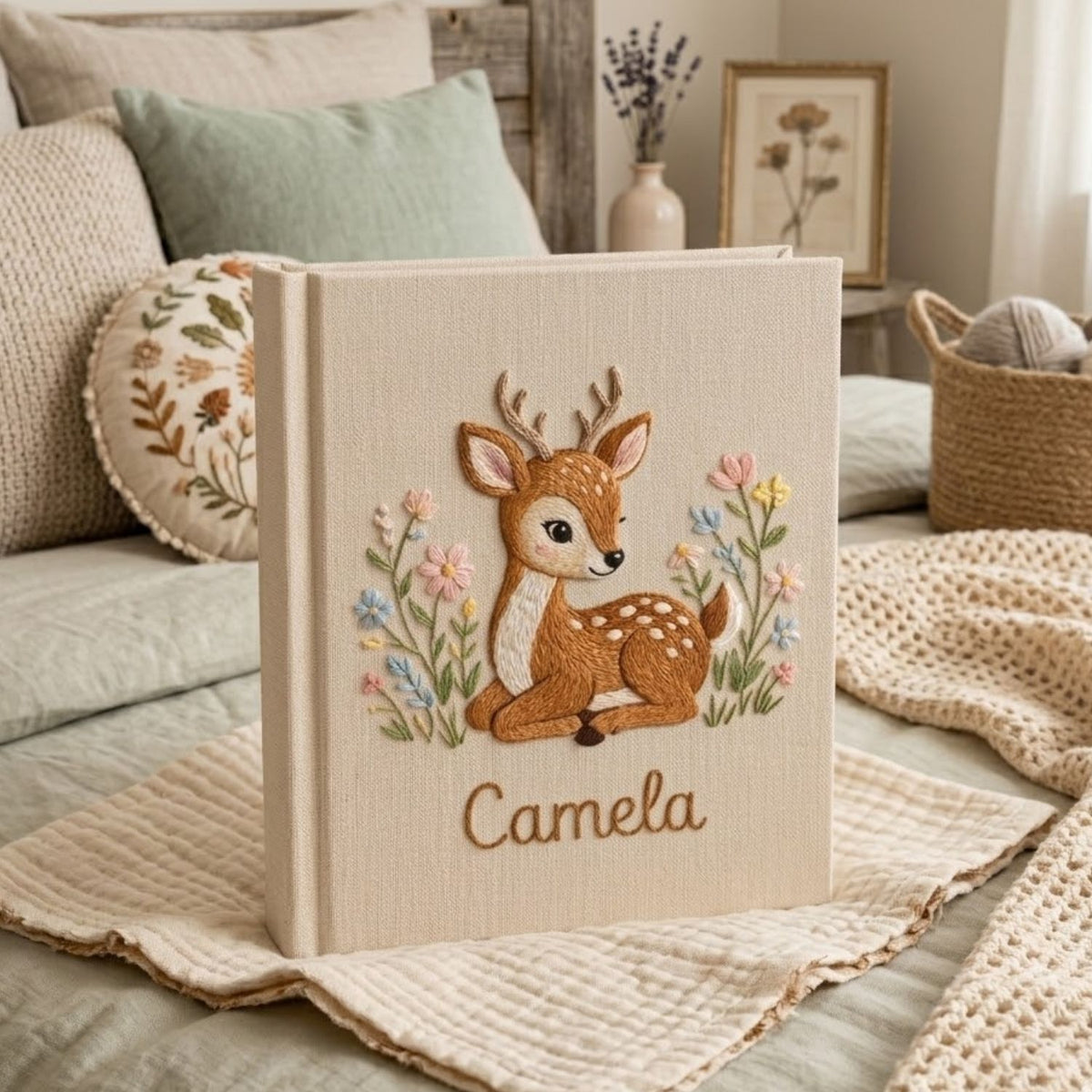 Personalized Baby Photo Album, Hand Embroidered Dinosaur Memory Book, Custom Name Keepsake, Woodland Nursery Gift, Newborn, Baby Shower Gift