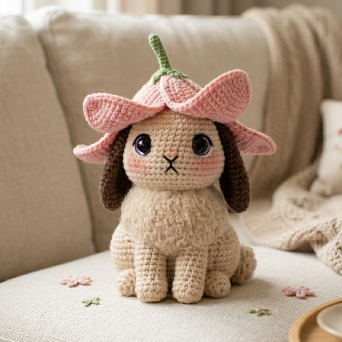 Crochet Flower Bunny Plush, Handmade Amigurumi Rabbit Doll With Pink Blossom Hat, Cute Cottagecore Nursery Toy, 4-12 Inch Gift