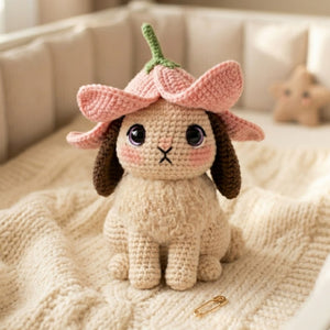 Crochet Flower Bunny Plush, Handmade Amigurumi Rabbit Doll With Pink Blossom Hat, Cute Cottagecore Nursery Toy, 4-12 Inch Gift