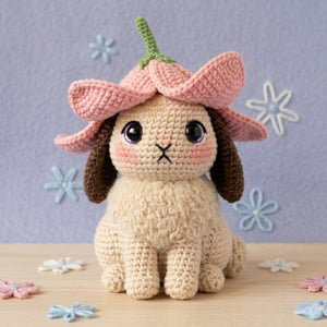 Crochet Flower Bunny Plush, Handmade Amigurumi Rabbit Doll With Pink Blossom Hat, Cute Cottagecore Nursery Toy, 4-12 Inch Gift