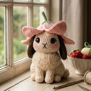 Crochet Flower Bunny Plush, Handmade Amigurumi Rabbit Doll With Pink Blossom Hat, Cute Cottagecore Nursery Toy, 4-12 Inch Gift