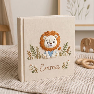 Personalized Baby Photo Album, Hand Embroidered Dinosaur Memory Book, Custom Name Keepsake, Woodland Nursery Gift, Newborn, Baby Shower Gift
