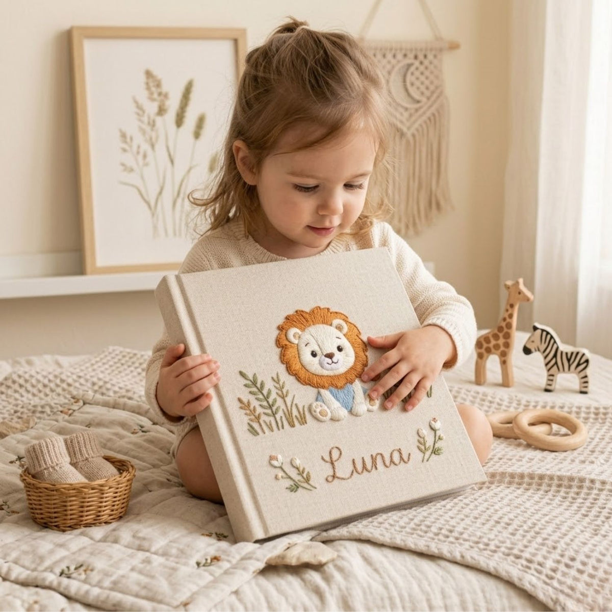 Personalized Baby Photo Album, Hand Embroidered Dinosaur Memory Book, Custom Name Keepsake, Woodland Nursery Gift, Newborn, Baby Shower Gift