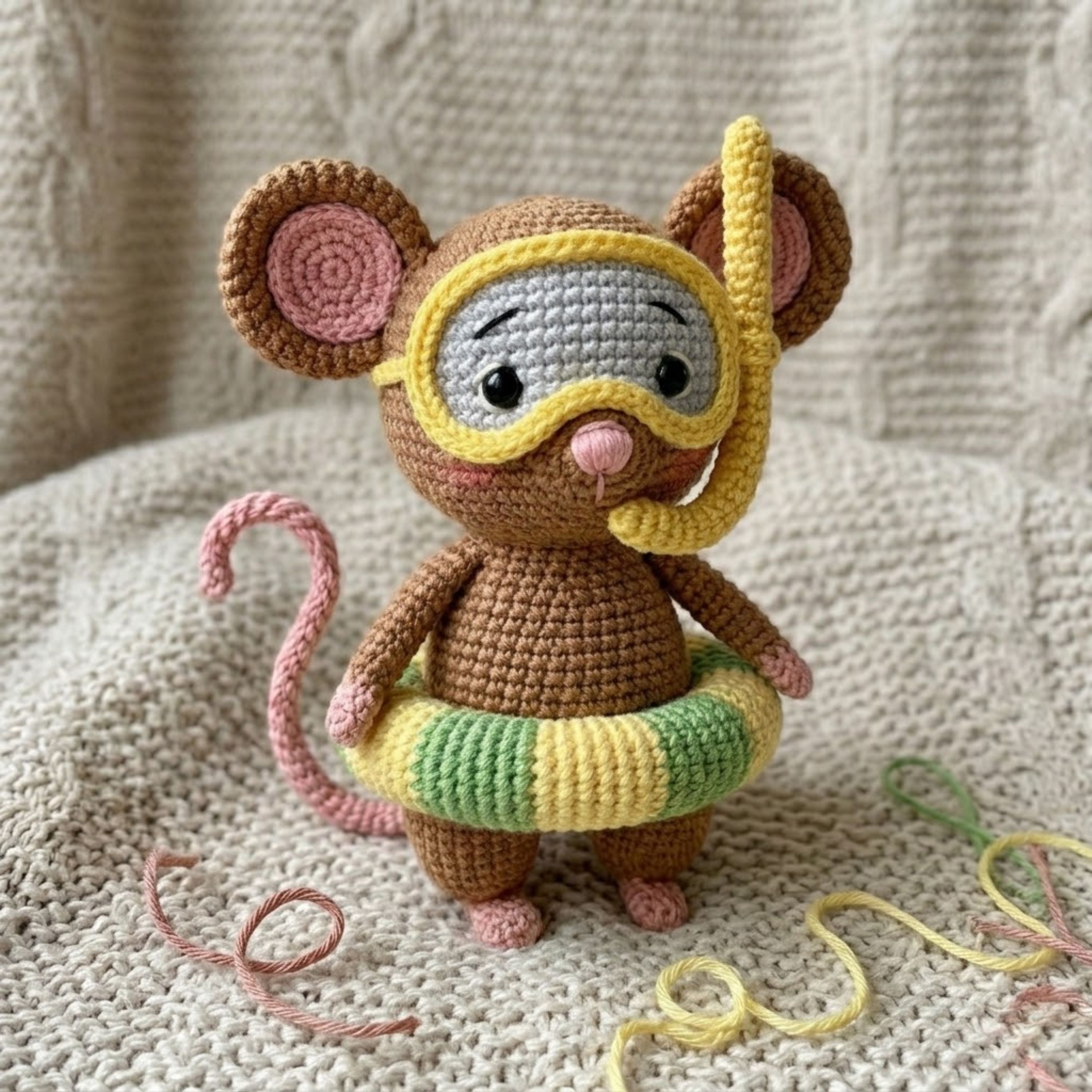 Crochet Swimming Mouse Plush Handmade Amigurumi Mouse With Snorkel Mask & Pool Float, Cute Summer Nursery Toy, 4-12 Inch Gift Decor Doll Set
