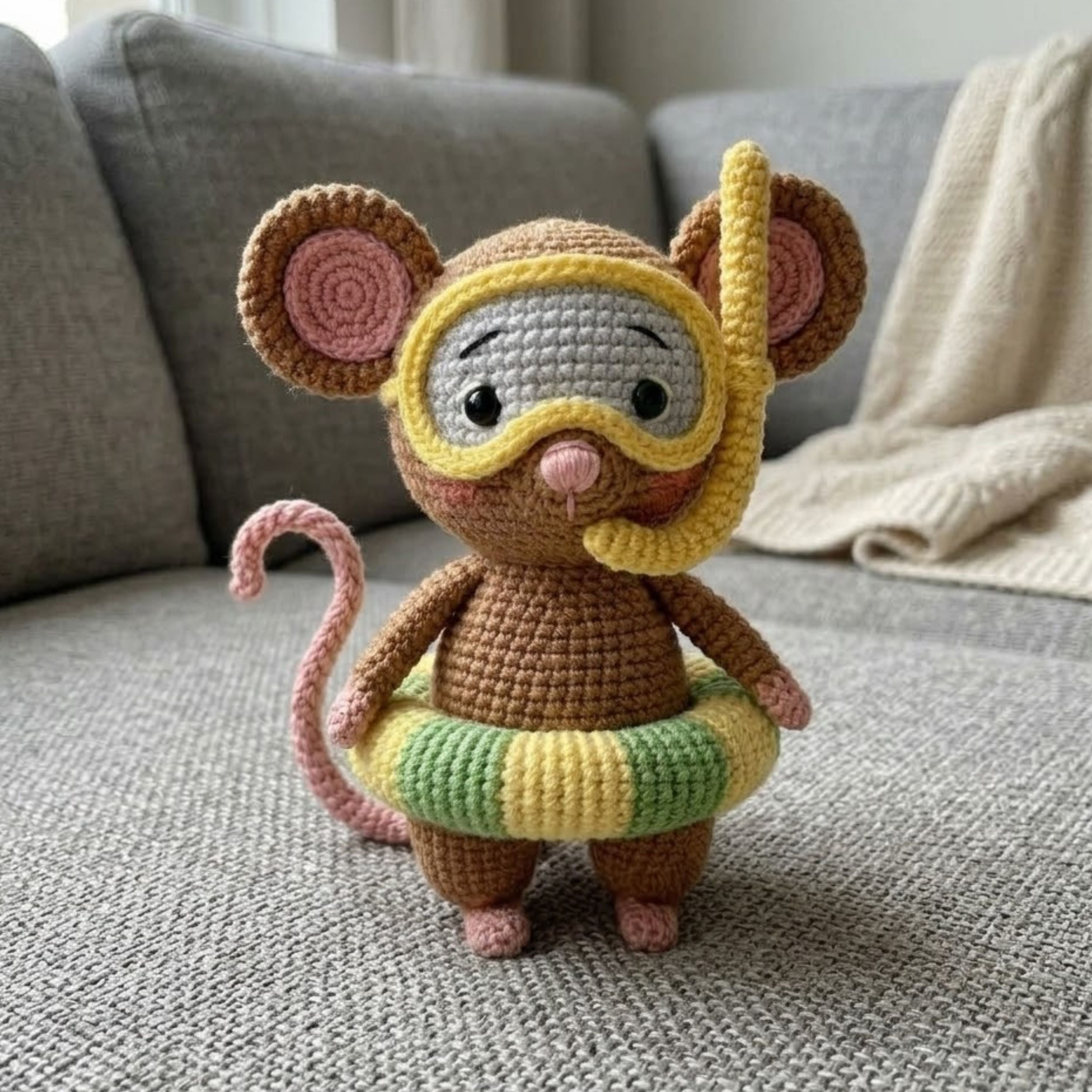 Crochet Swimming Mouse Plush Handmade Amigurumi Mouse With Snorkel Mask & Pool Float, Cute Summer Nursery Toy, 4-12 Inch Gift Decor Doll Set