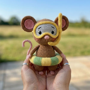 Crochet Swimming Mouse Plush Handmade Amigurumi Mouse With Snorkel Mask & Pool Float, Cute Summer Nursery Toy, 4-12 Inch Gift Decor Doll Set