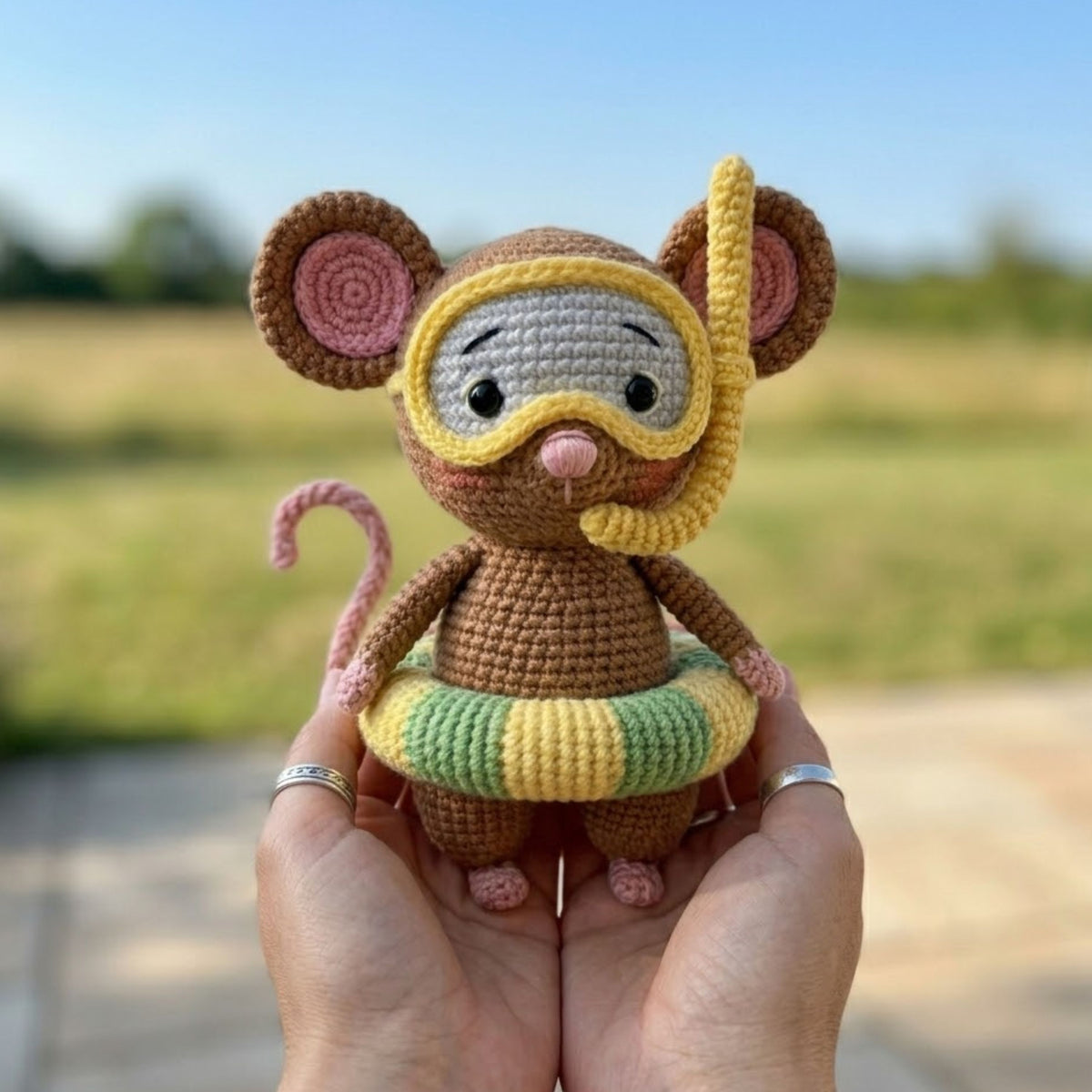 Crochet Swimming Mouse Plush Handmade Amigurumi Mouse With Snorkel Mask & Pool Float, Cute Summer Nursery Toy, 4-12 Inch Gift Decor Doll Set