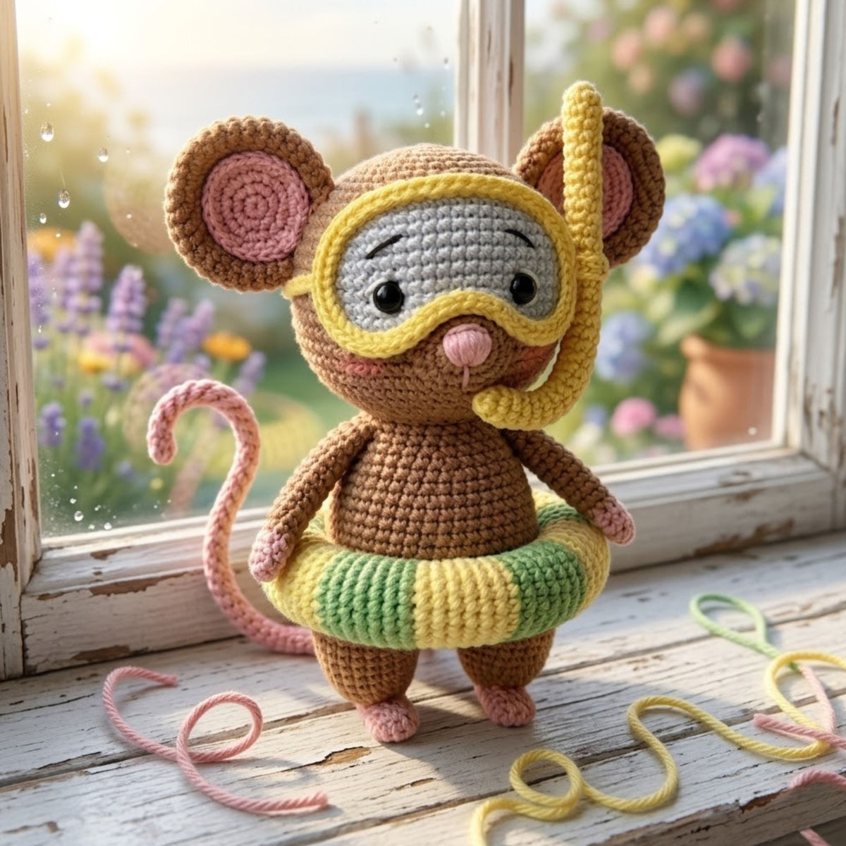 Crochet Swimming Mouse Plush Handmade Amigurumi Mouse With Snorkel Mask & Pool Float, Cute Summer Nursery Toy, 4-12 Inch Gift Decor Doll Set