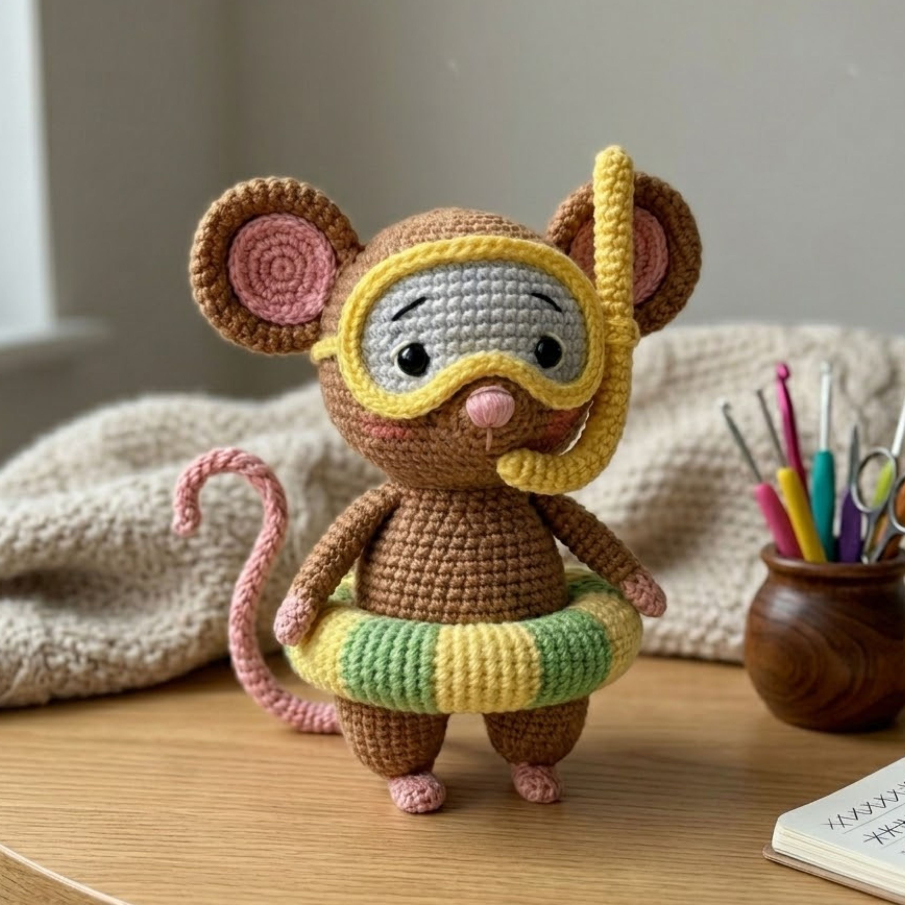 Crochet Swimming Mouse Plush Handmade Amigurumi Mouse With Snorkel Mask & Pool Float, Cute Summer Nursery Toy, 4-12 Inch Gift Decor Doll Set