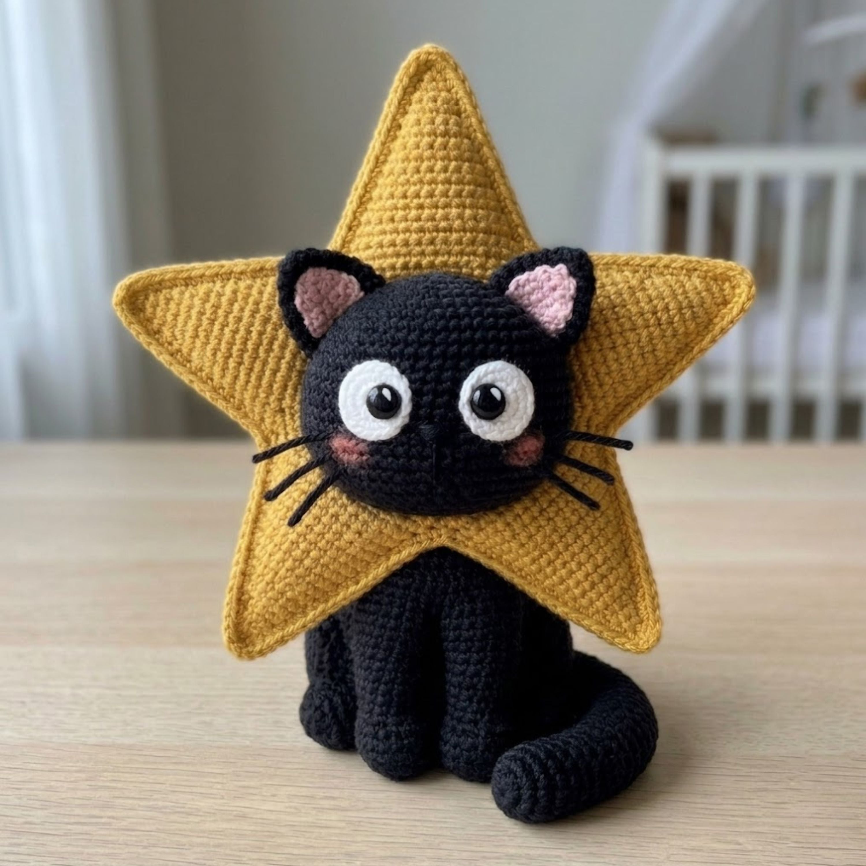 Crochet Star Cat Plush Handmade Amigurumi Black Cat Doll With Yellow Star Costume, Cute Nursery Toy, Kawaii 4 to 12 Inch Gift Decor For Kids