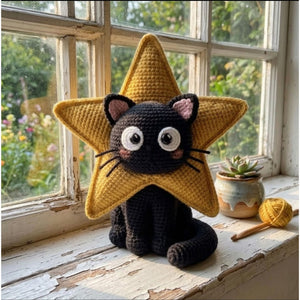 Crochet Star Cat Plush Handmade Amigurumi Black Cat Doll With Yellow Star Costume, Cute Nursery Toy, Kawaii 4 to 12 Inch Gift Decor For Kids