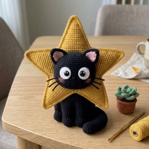 Crochet Star Cat Plush Handmade Amigurumi Black Cat Doll With Yellow Star Costume, Cute Nursery Toy, Kawaii 4 to 12 Inch Gift Decor For Kids