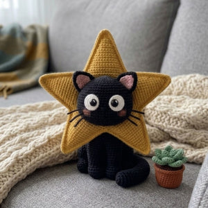 Crochet Star Cat Plush Handmade Amigurumi Black Cat Doll With Yellow Star Costume, Cute Nursery Toy, Kawaii 4 to 12 Inch Gift Decor For Kids