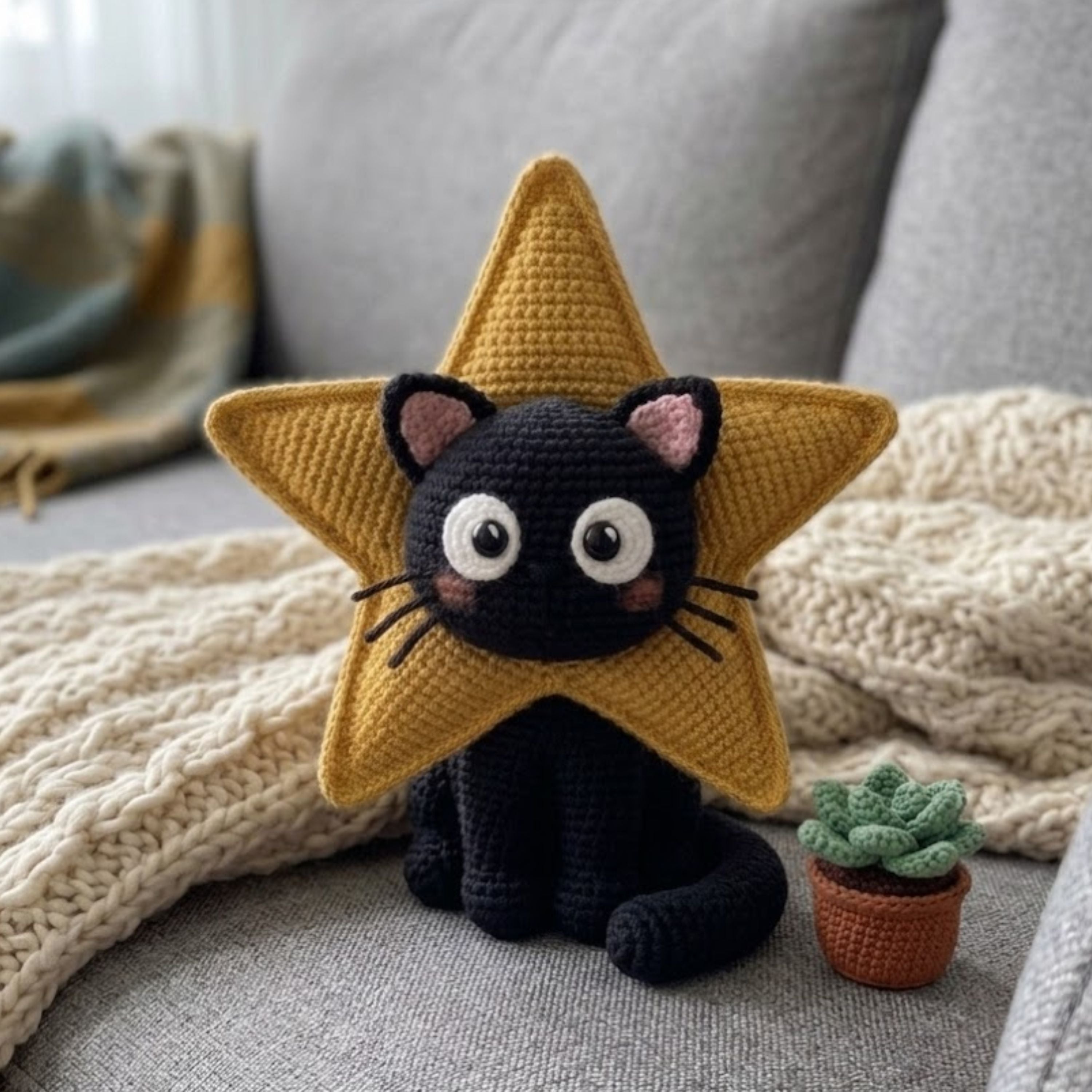 Crochet Star Cat Plush Handmade Amigurumi Black Cat Doll With Yellow Star Costume, Cute Nursery Toy, Kawaii 4 to 12 Inch Gift Decor For Kids